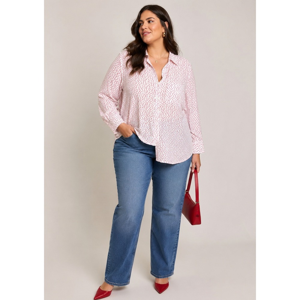 Velvet Heart White Red Heart Print Button Front Tunic Shirt 2X Romantic Preppy